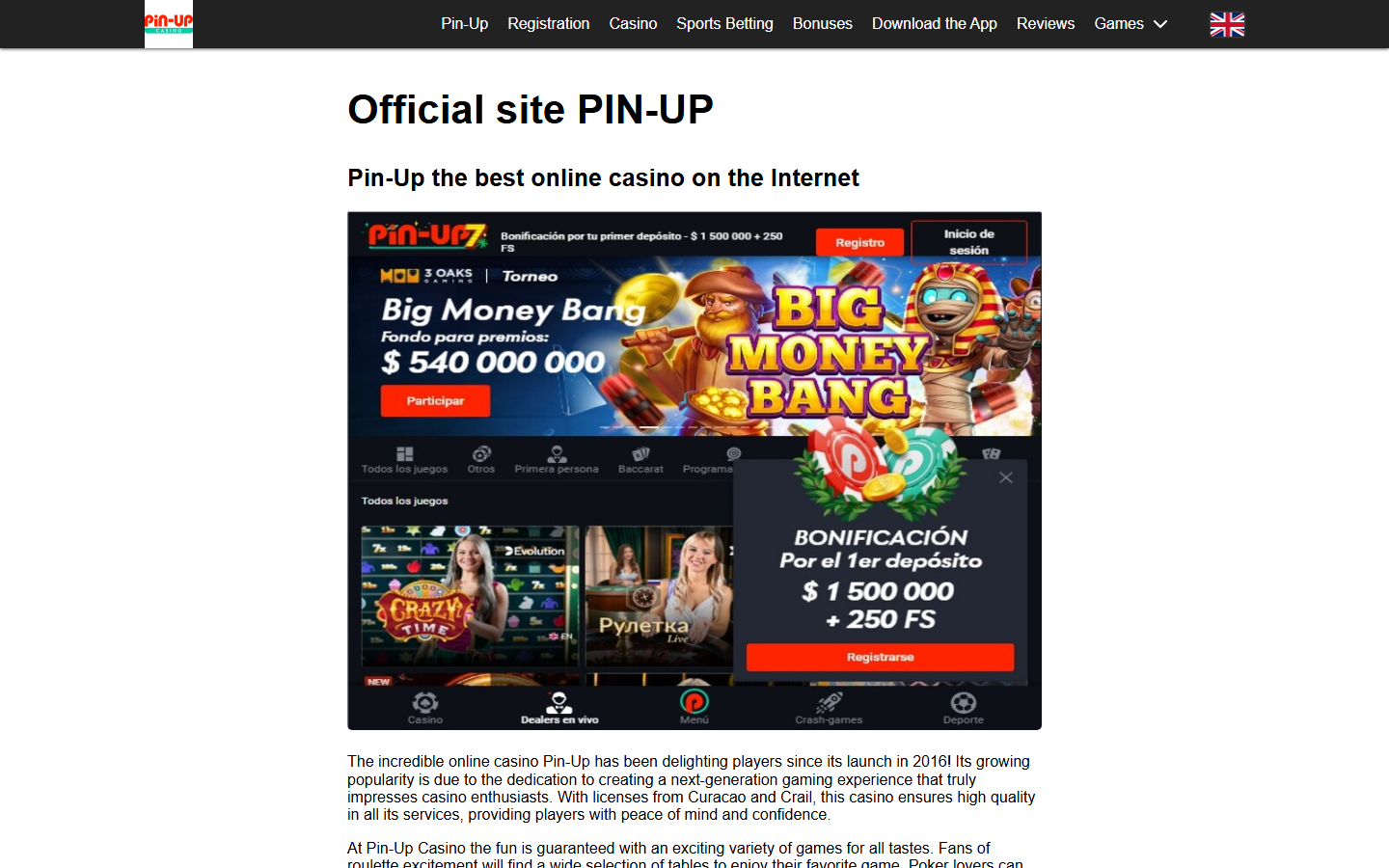 Pin-Up public page screenshot for Tower Rush checks